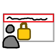 An empty white name tag with a red box at the top containing a black squiggle to represent text. Over the lower left corner is the outline of a person, colored gray with a golden padlock beside them.